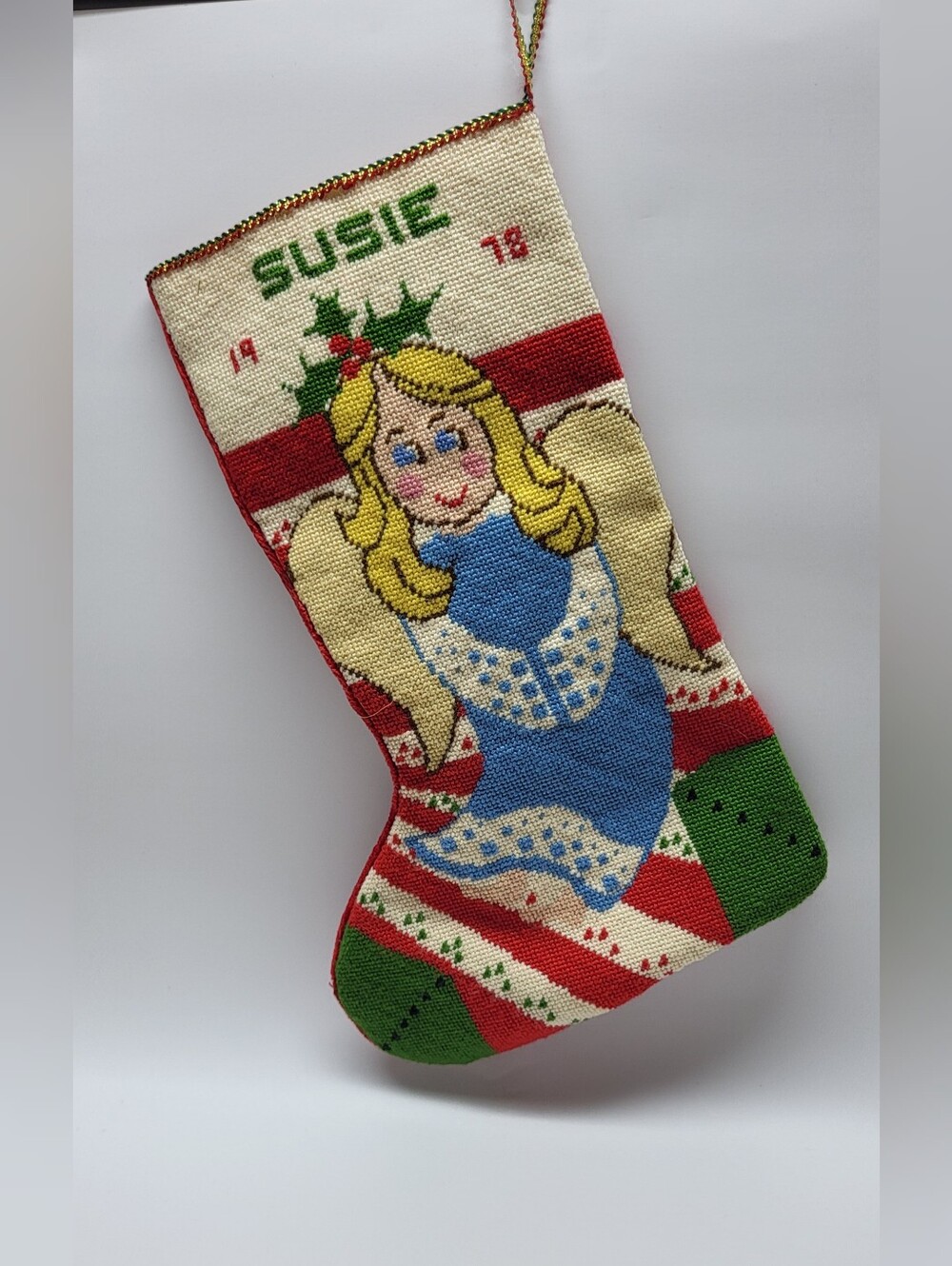 Vintage 70s Christmas stocking Needlepoint angel with blonde hair SUSIE